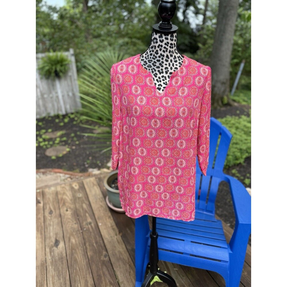 BFA Classics Blouse Womens Size 14 Popover Medallion Coral 3/4 Sleeve Elegant